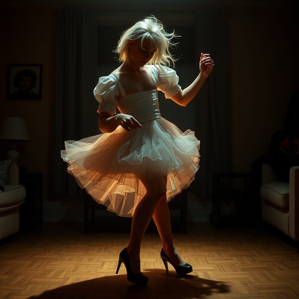 Boy Dancing in Tulle Dress with Blonde Wig and Heels