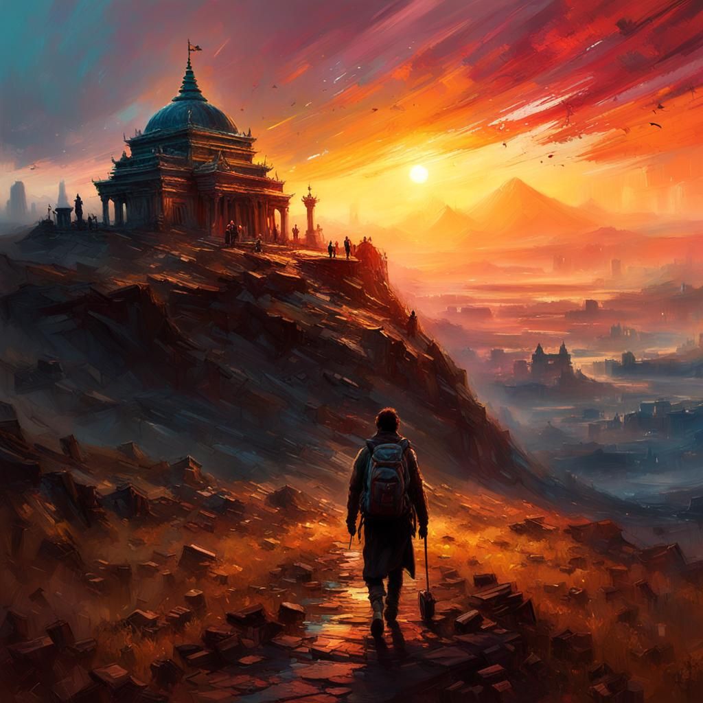 Sunset Temple Journey: A Detailed Matte Painting