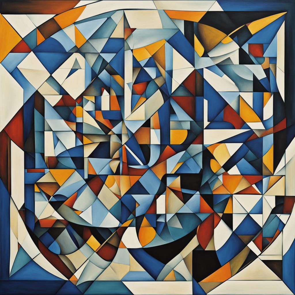 Abstract Cubist Woman in Geometric Cityscape