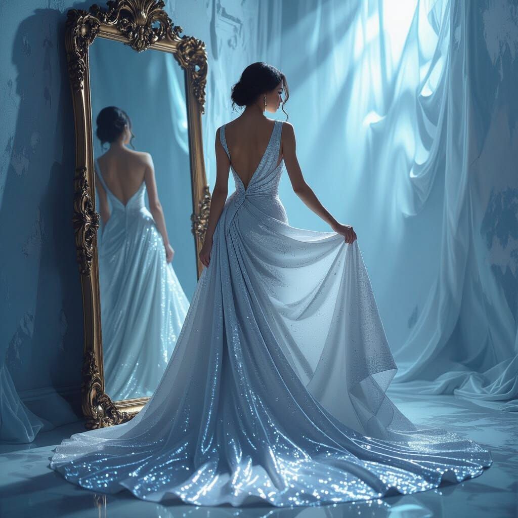 Surreal Woman in Melting Silver Gown Digital Art