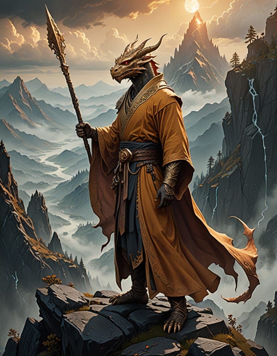 Dragonborn Monk Basks in Golden Light on Misty Mountaintop