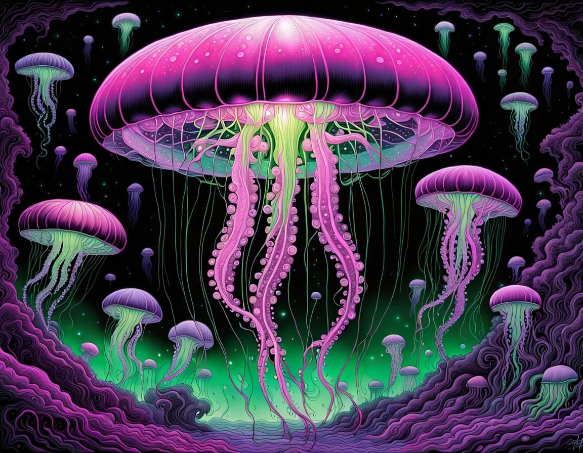 Ethereal Space Jellyfish in Black Light Fantasy Art
