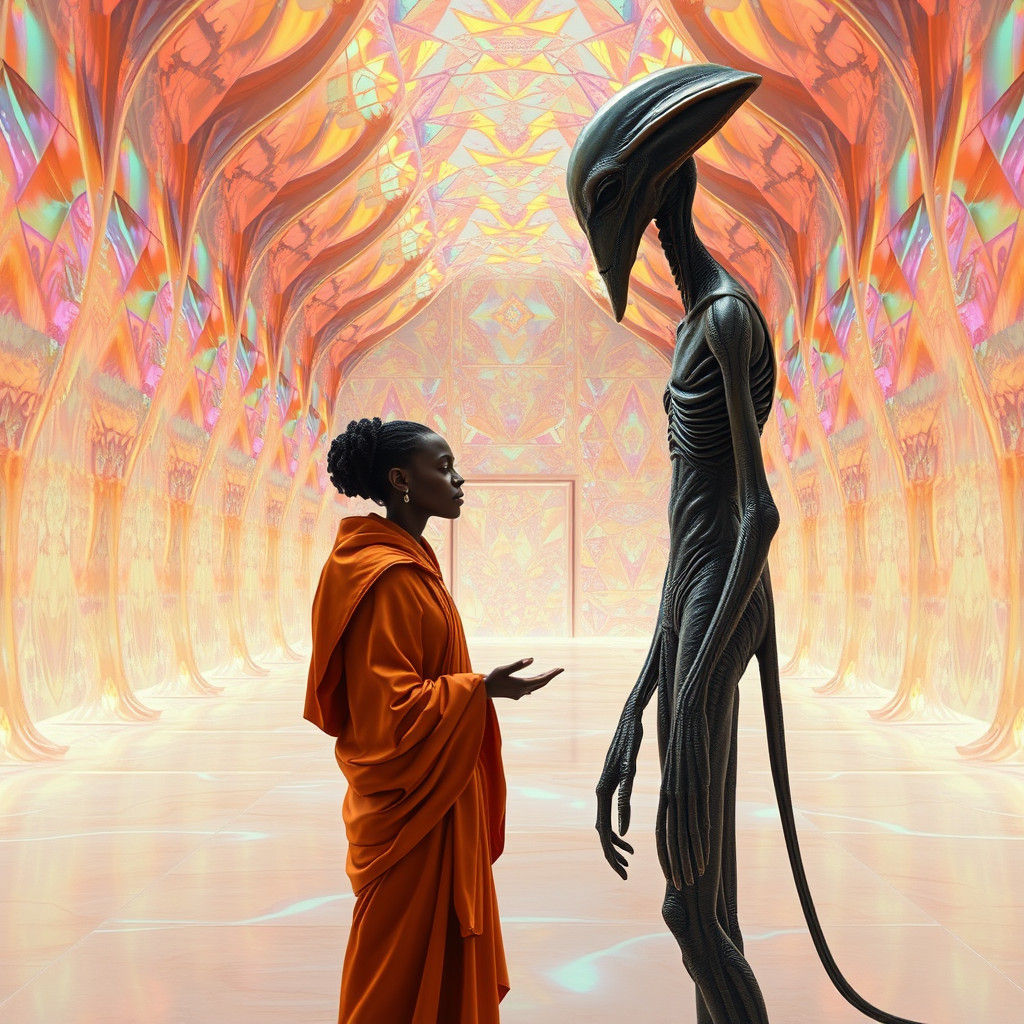 Surreal Alien Encounter in Iridescent Hall