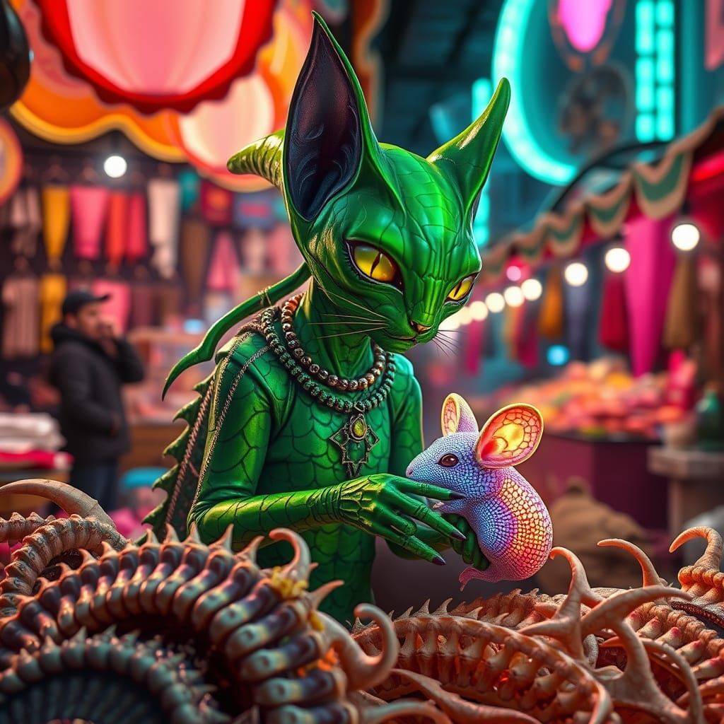 Green Alien-Cat at a Futuristic Neon Market
