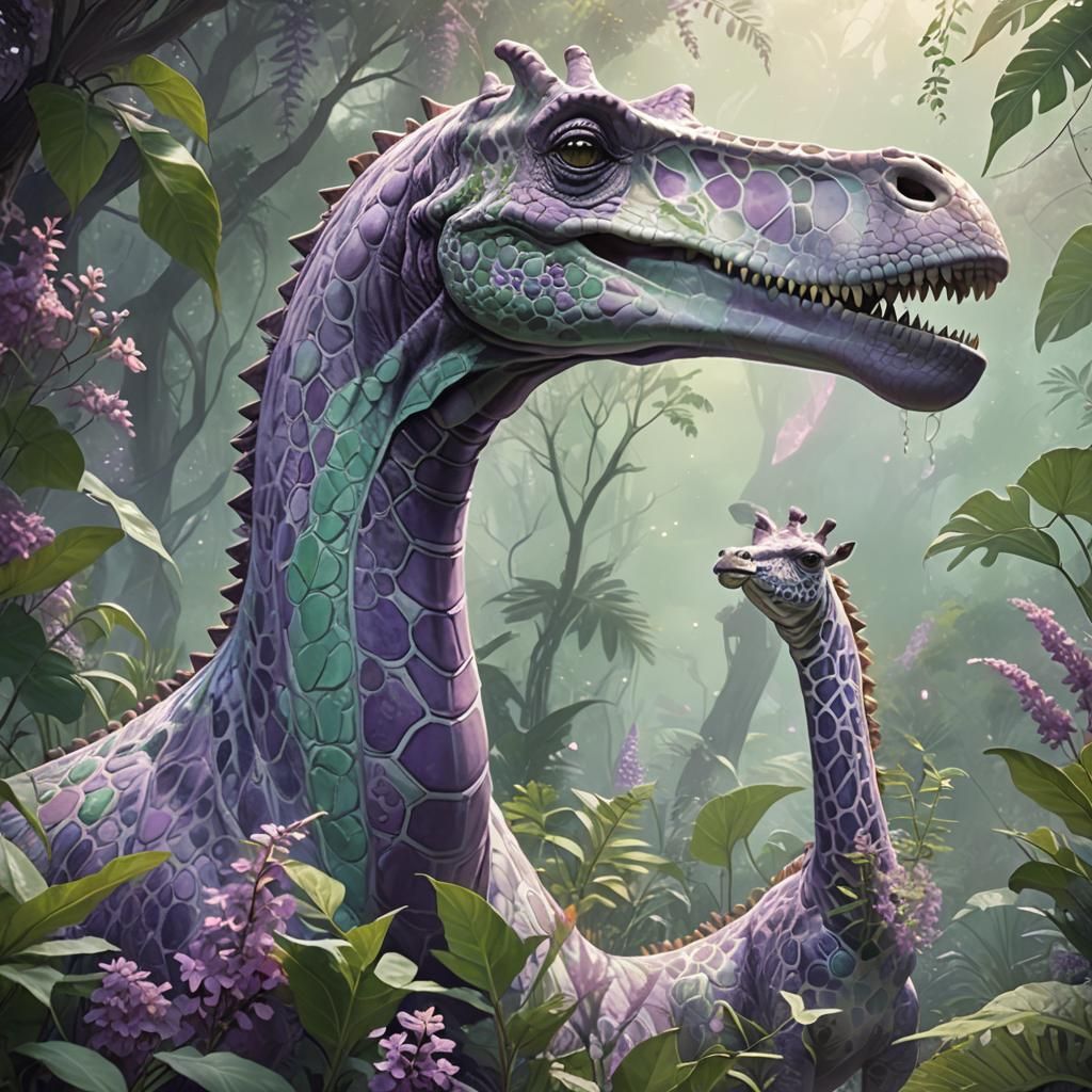 Majestic Diplodocus-Giraffe Hybrid in Mystical Foliage