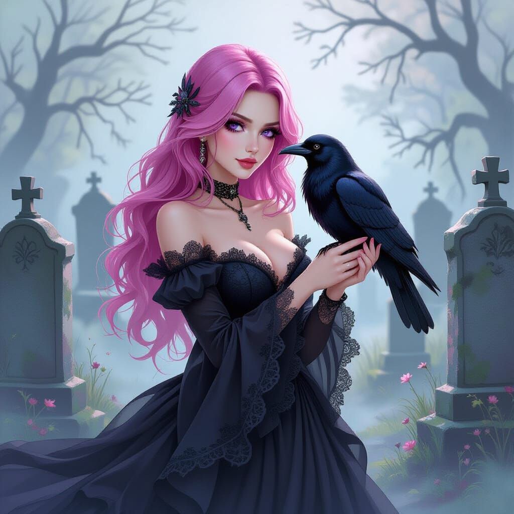 Gothic Woman with Raven in Cemetery, Alcohol Ink Art