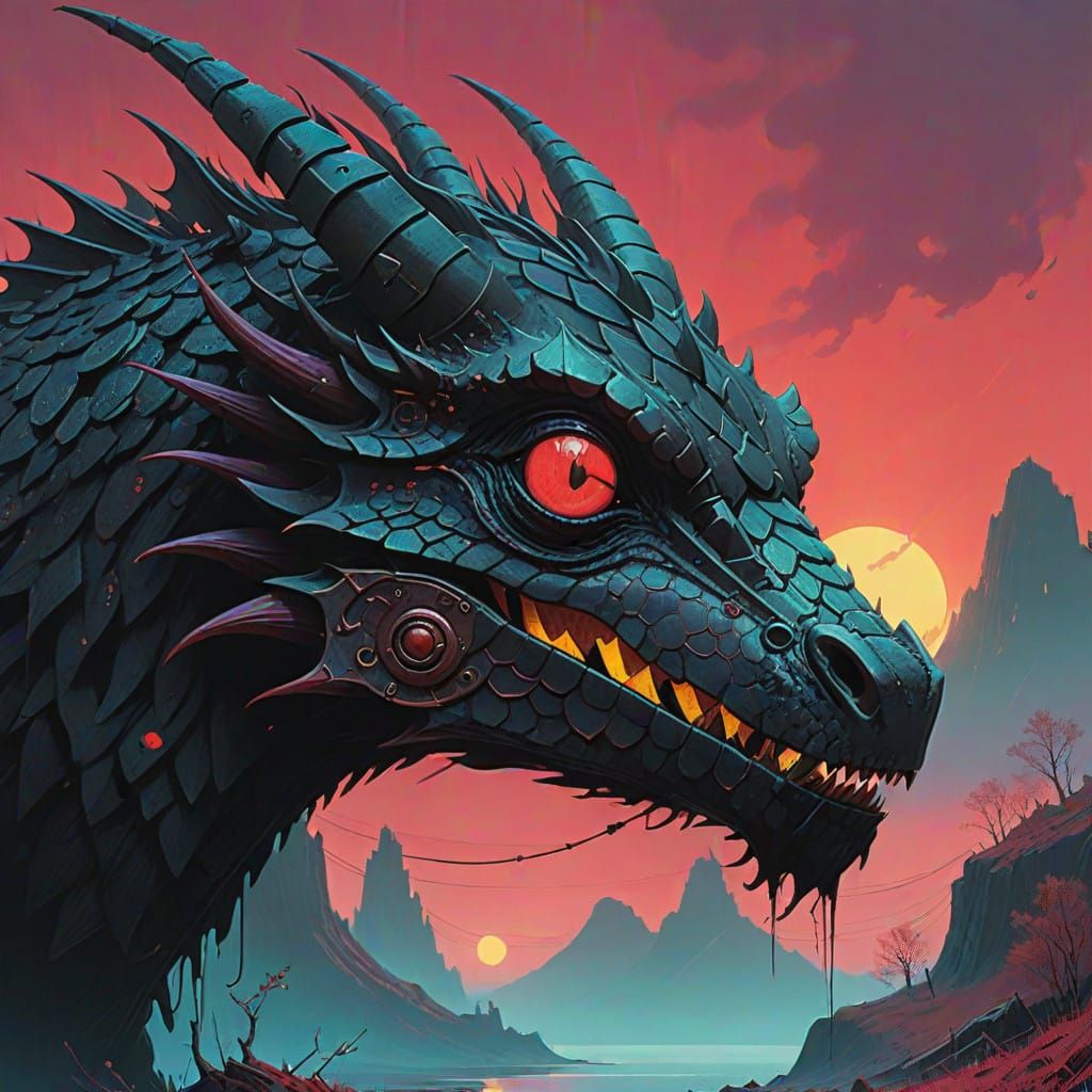 Glossy Black Dragon Head in Black Cherry Textural Fusion