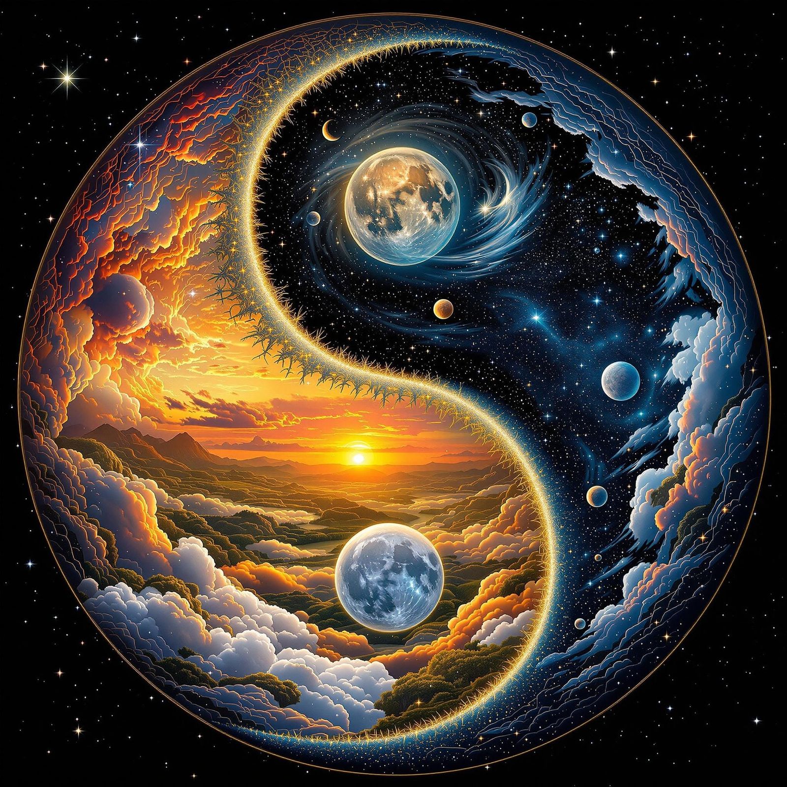 Surreal Yin-Yang Composition Blending Cosmic Landscapes