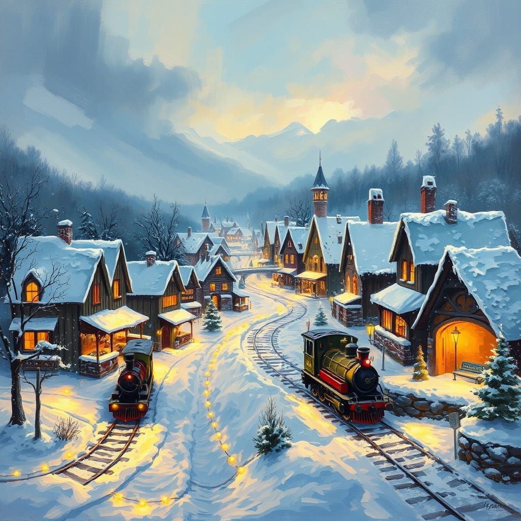 Cozy Winter Village Train Scene in Detailed Oil Painting