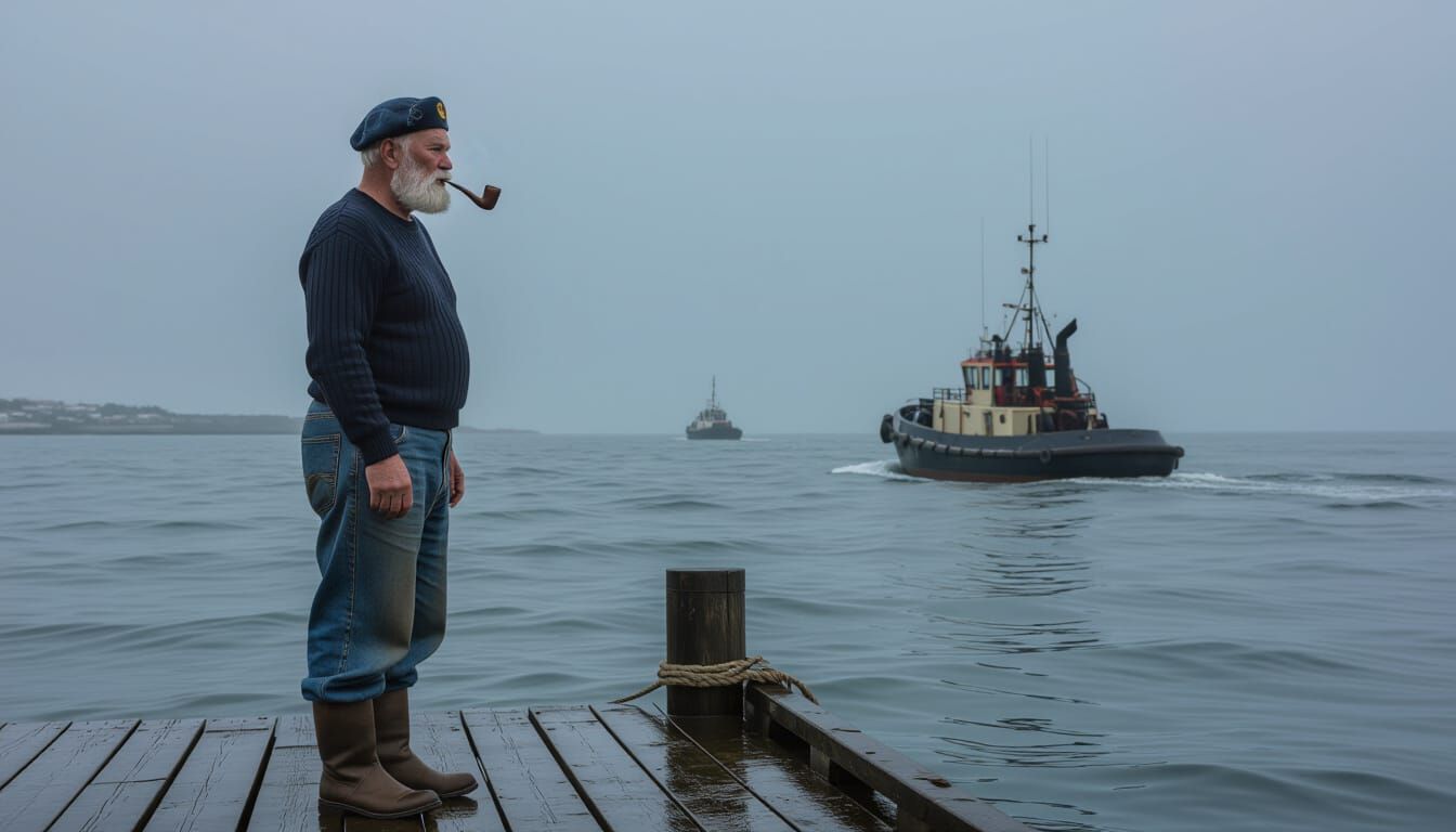 Old Sailor on Pier Gazing at Choppy Waters