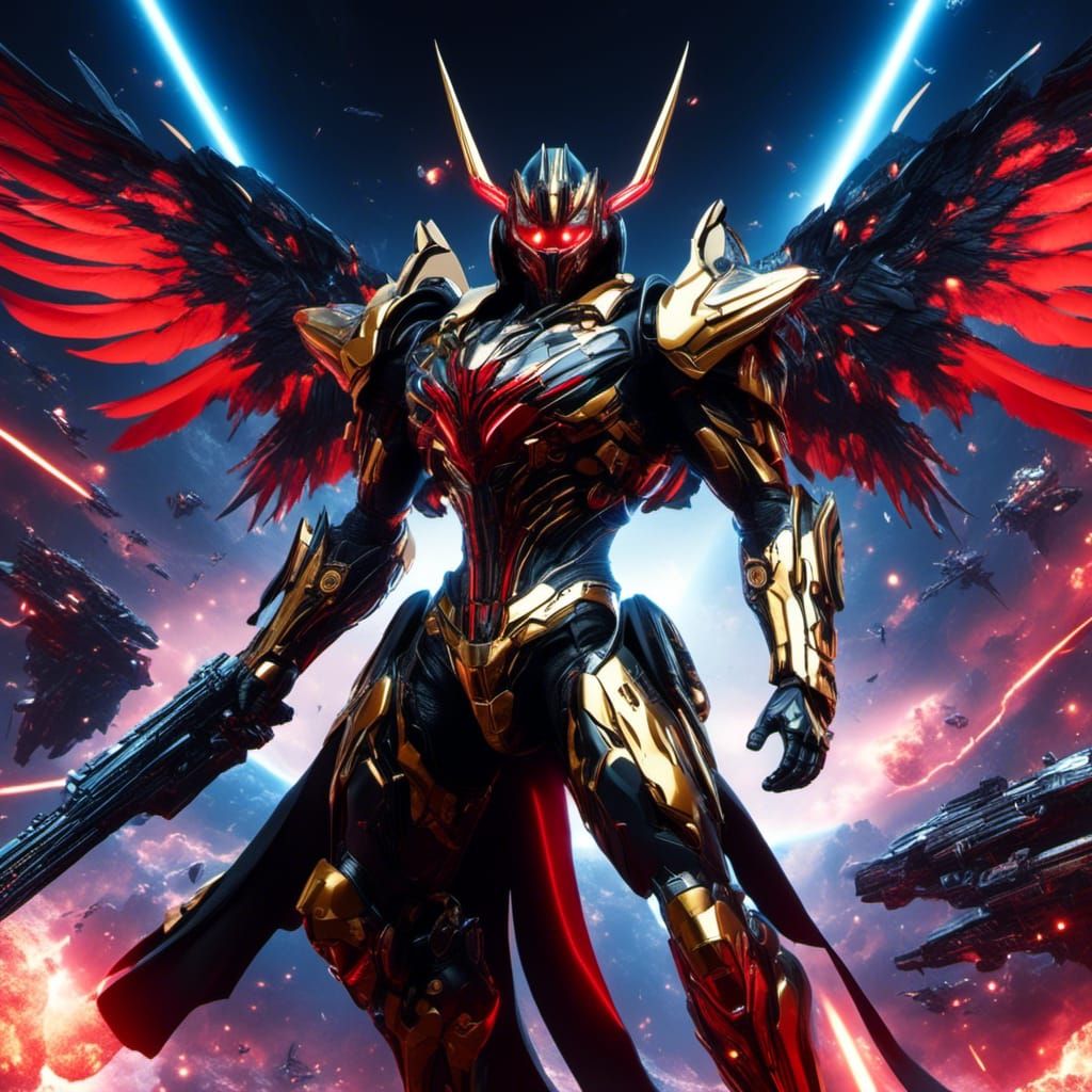 Anime style sci-fi space dark-angel battle-suit.