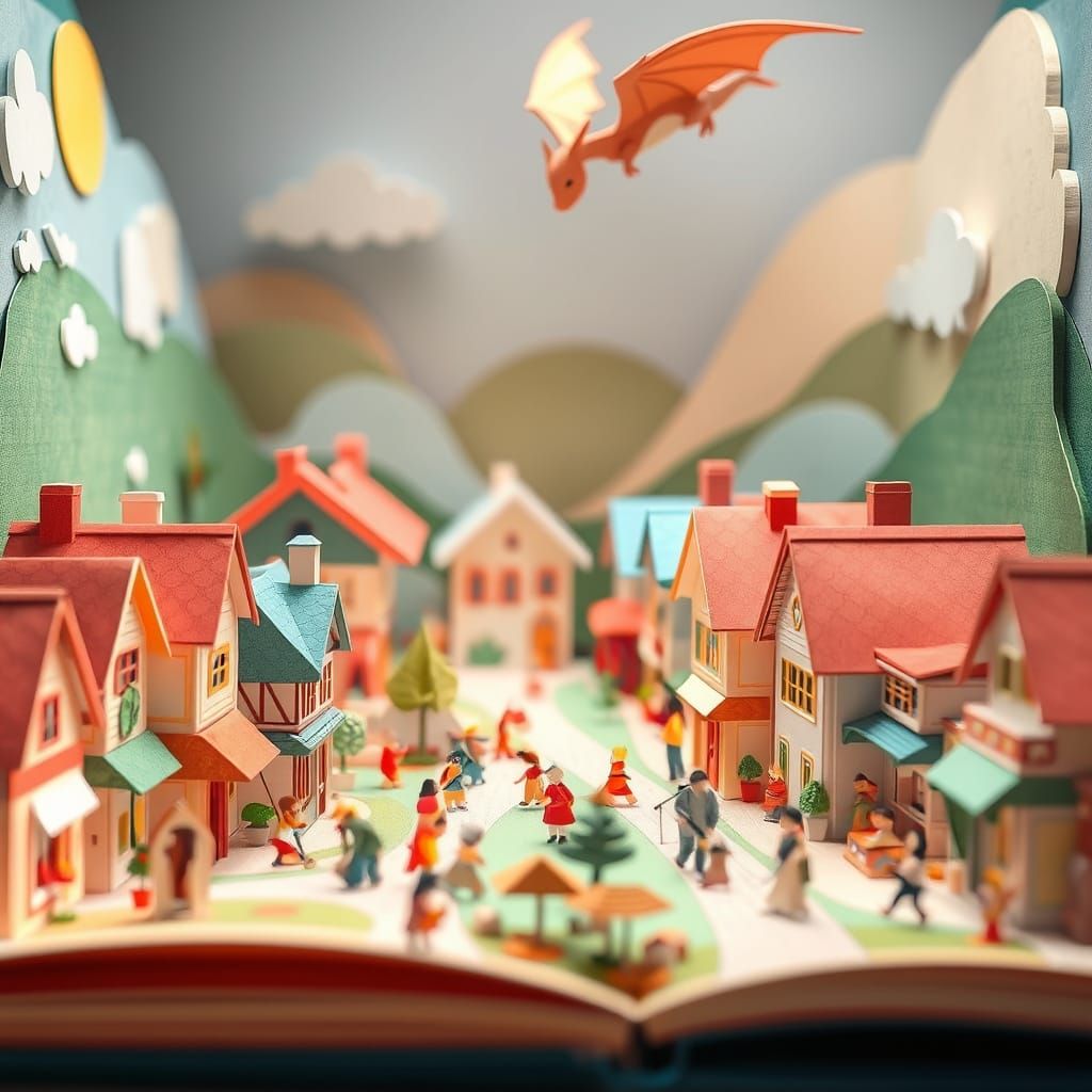 Charming Origami Village with Whimsical Paper Dragon