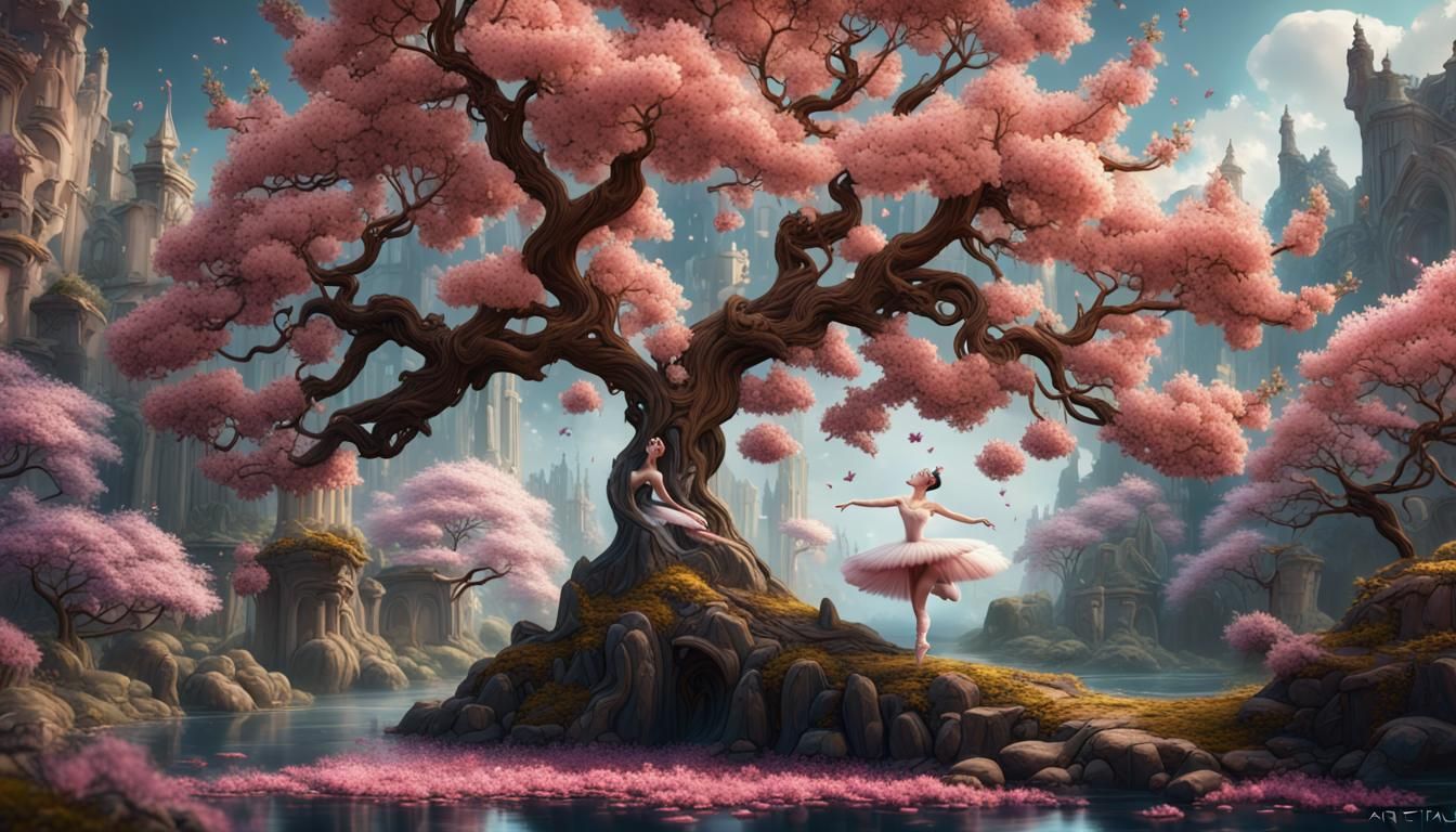 Ballerina and Blossom Tree: Detailed Matte Painting