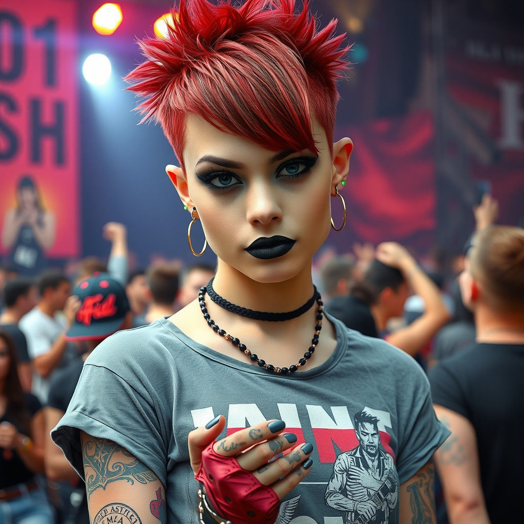 Punk Girl at Rock Festival, Hyperrealistic Photography