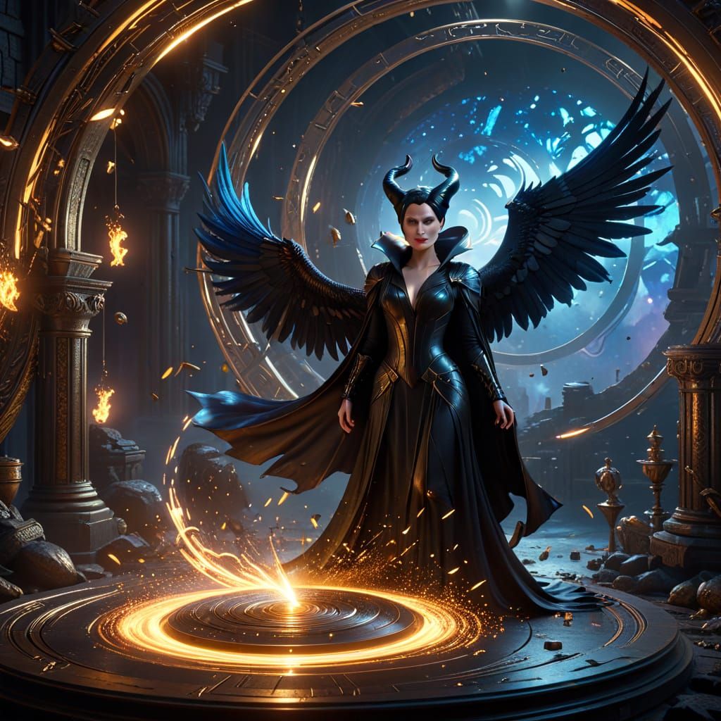 Angelina Jolie as Maleficent with Iridescent Wings in a Gold...