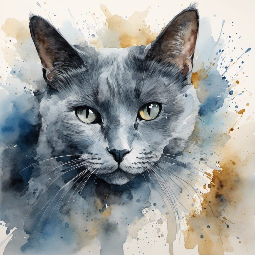 Watercolor Portrait of a Russian Blue Cat