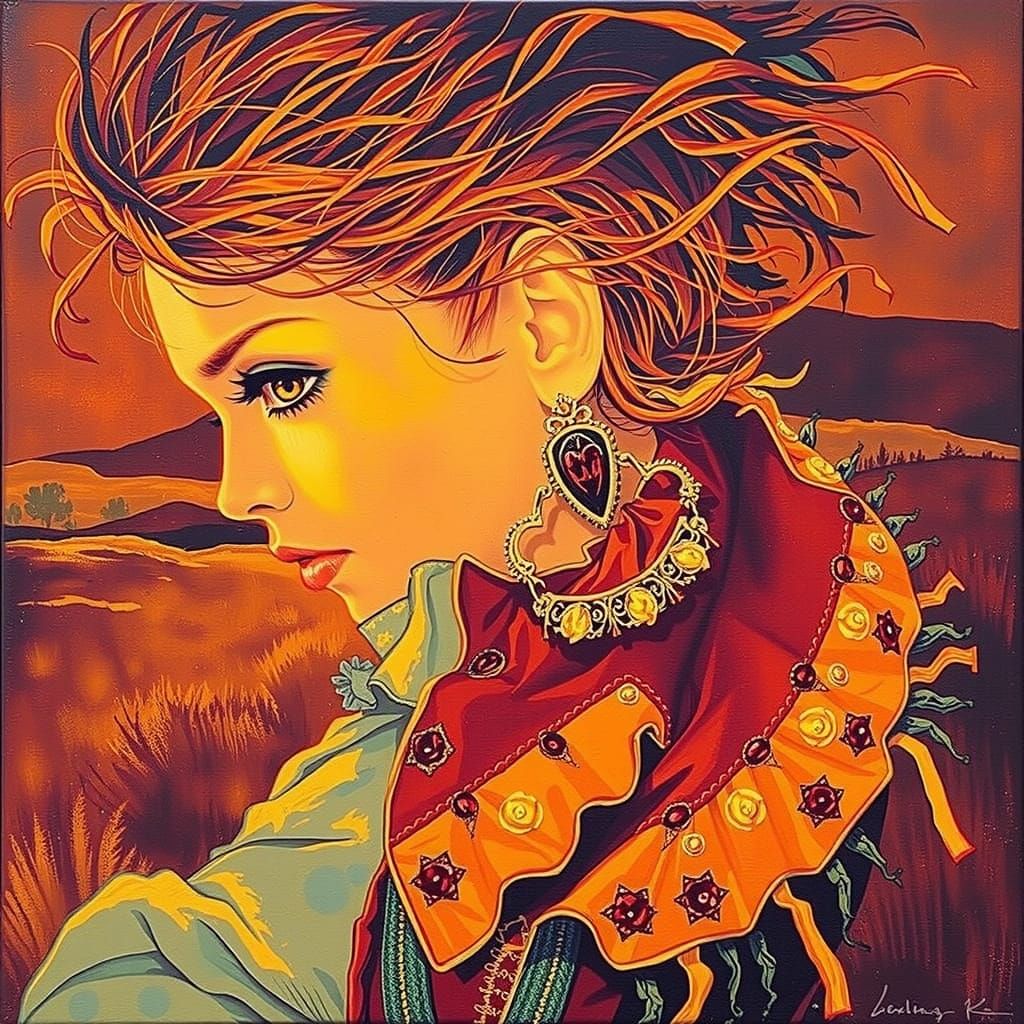 Woman in Tattered Luxury on Windswept Moor at Twilight