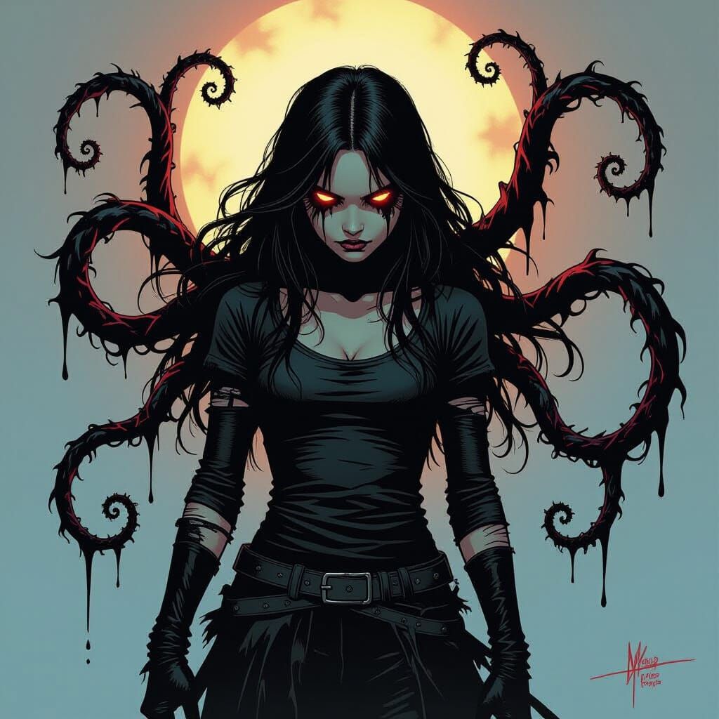 Venom Symbiote Engulfs Shadow Girl in Dark Comic Art