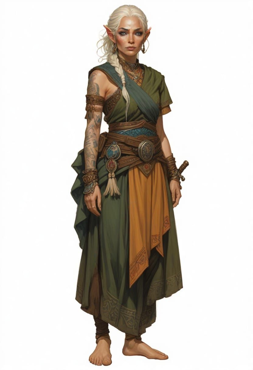 Tattooed Pale Elf in Mixed Mongol Cherokee Dress