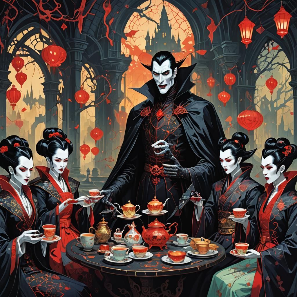 Dracula's Surreal Tea Party with Vampire Geishas