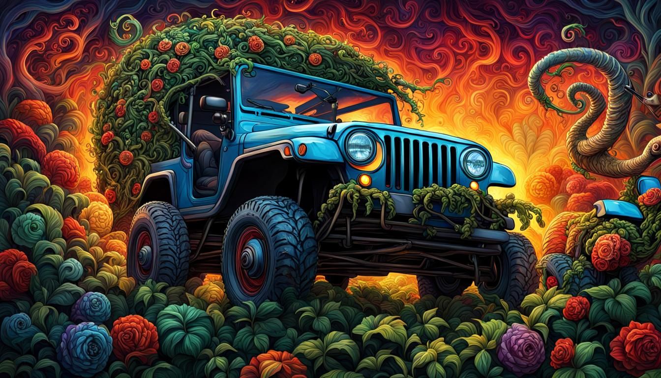 Anthropomorphic Snail Drives Jeep in Biopunk Style