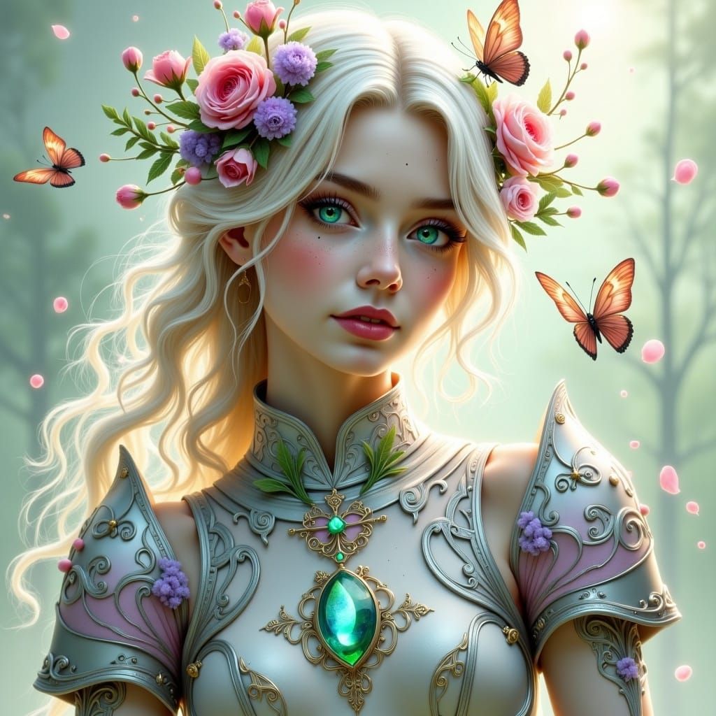 Dreamy Female Character with Floral Adornments in Watercolor...