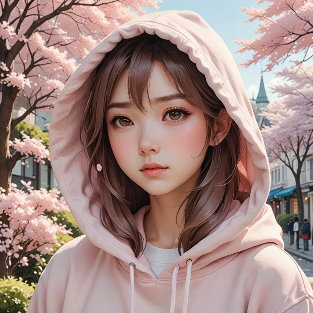 Moe Anime Girl with Hoodie in Whimsical Watercolor Style