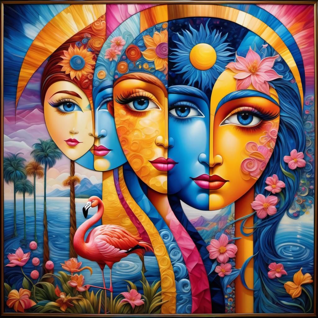 Flamingos in Cubism Style, Van Gogh Inspired