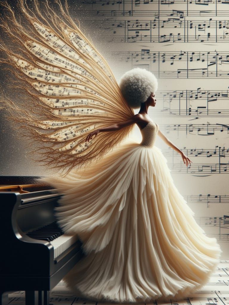 Piano Fairy with Sheet Music Dress and Wings