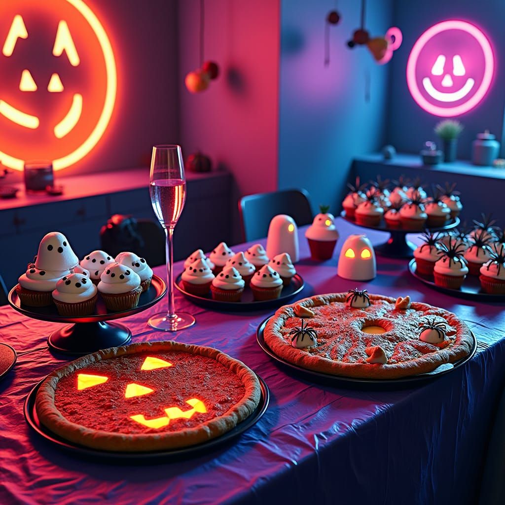 Halloween Party Table in Synthwave Comic Style