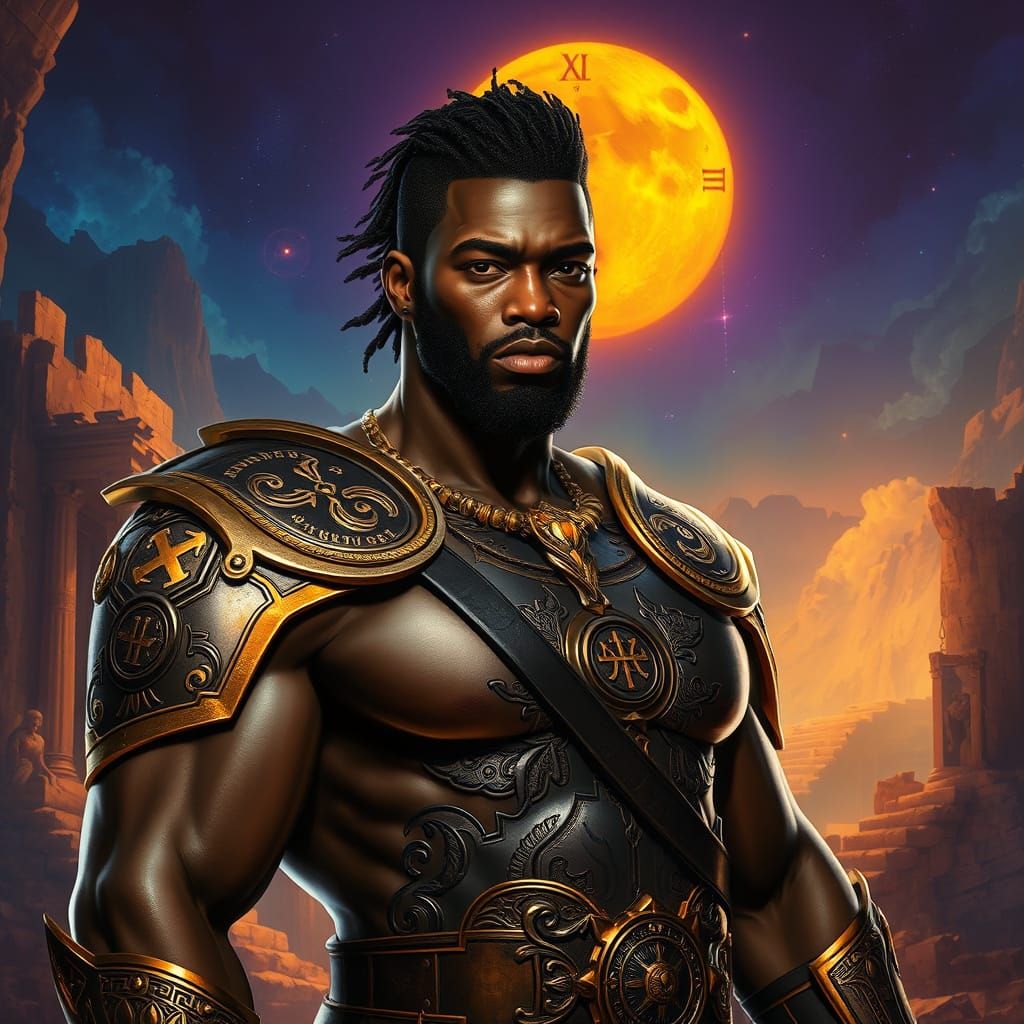 Mighty Black Warrior in Ancient Mystic Ruins