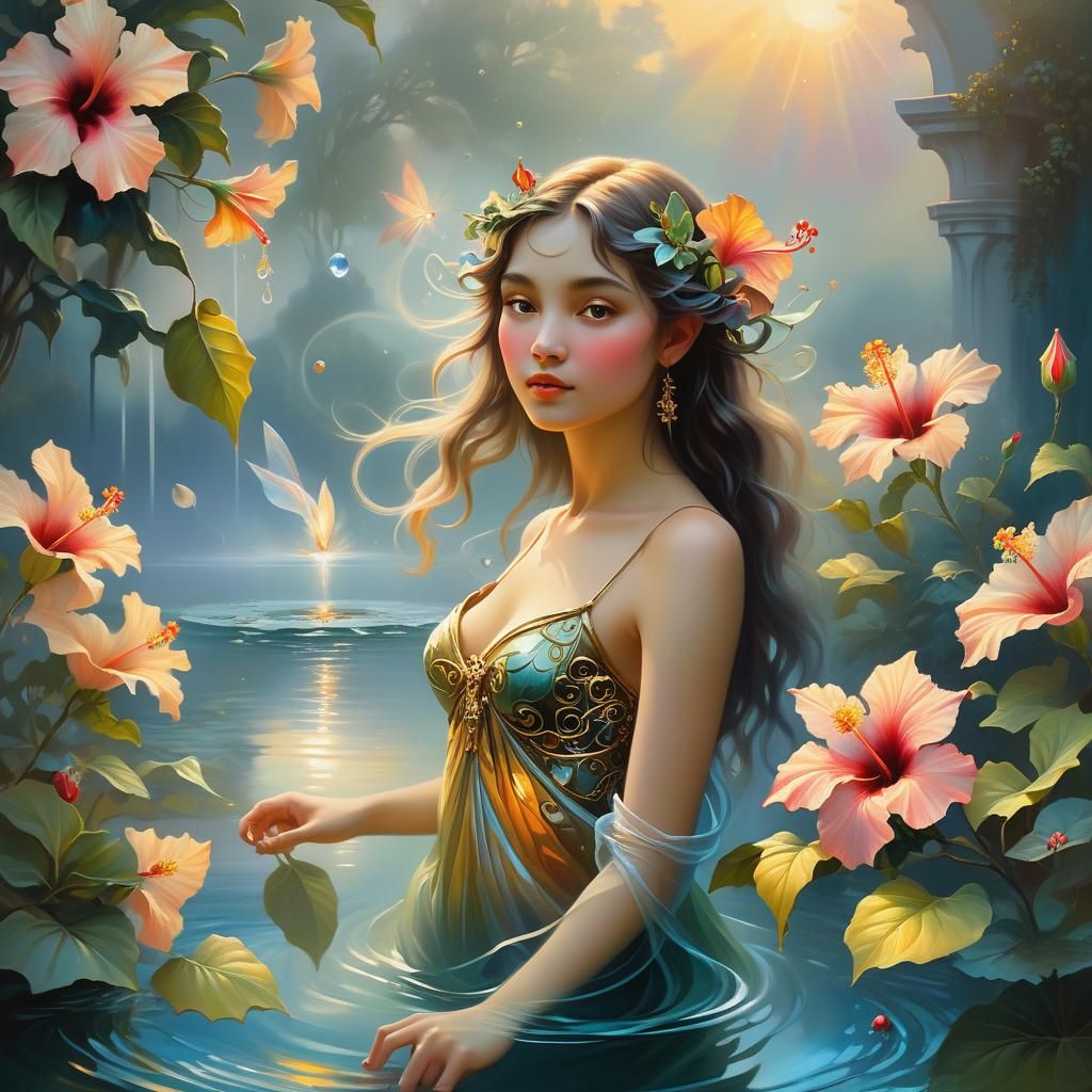 Ethereal Fairy with Hibiscus Bud, as Oil Painting