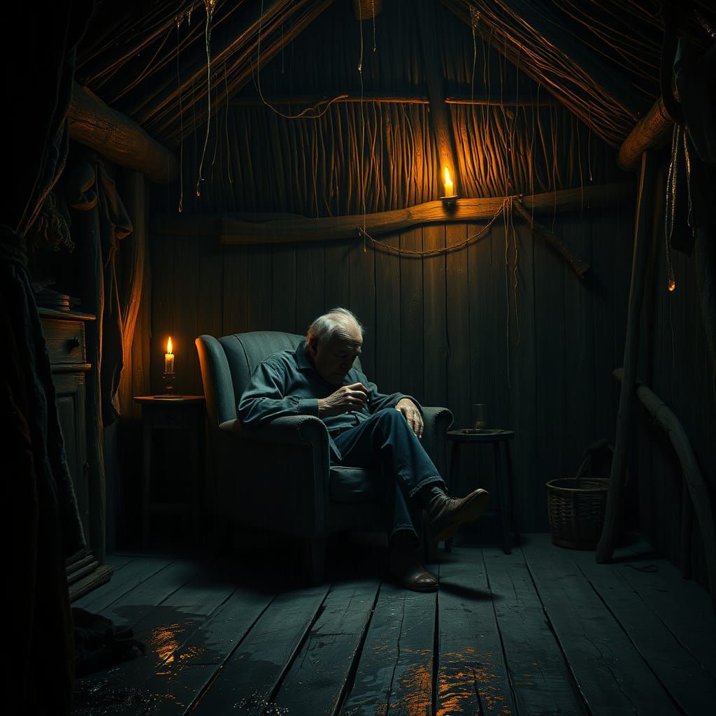 A Frail Man Slumps in Desolate Cottage, Haunted by Sorrow