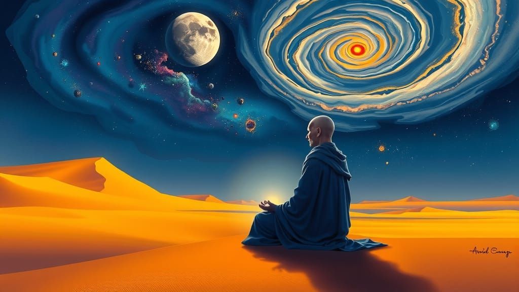 Alien Monk Meditating in Cosmic Desert
