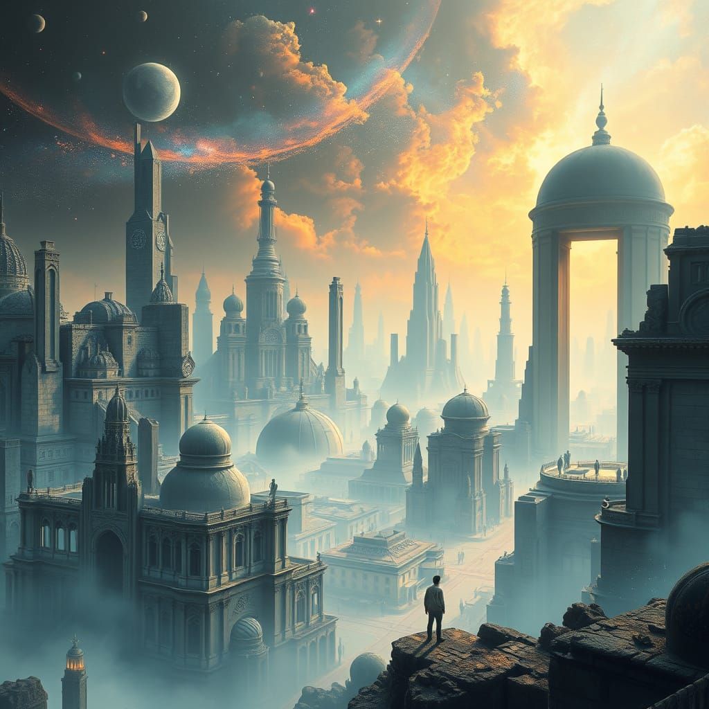 Ethereal Cityscapes Blending Future and Ancient Ruins