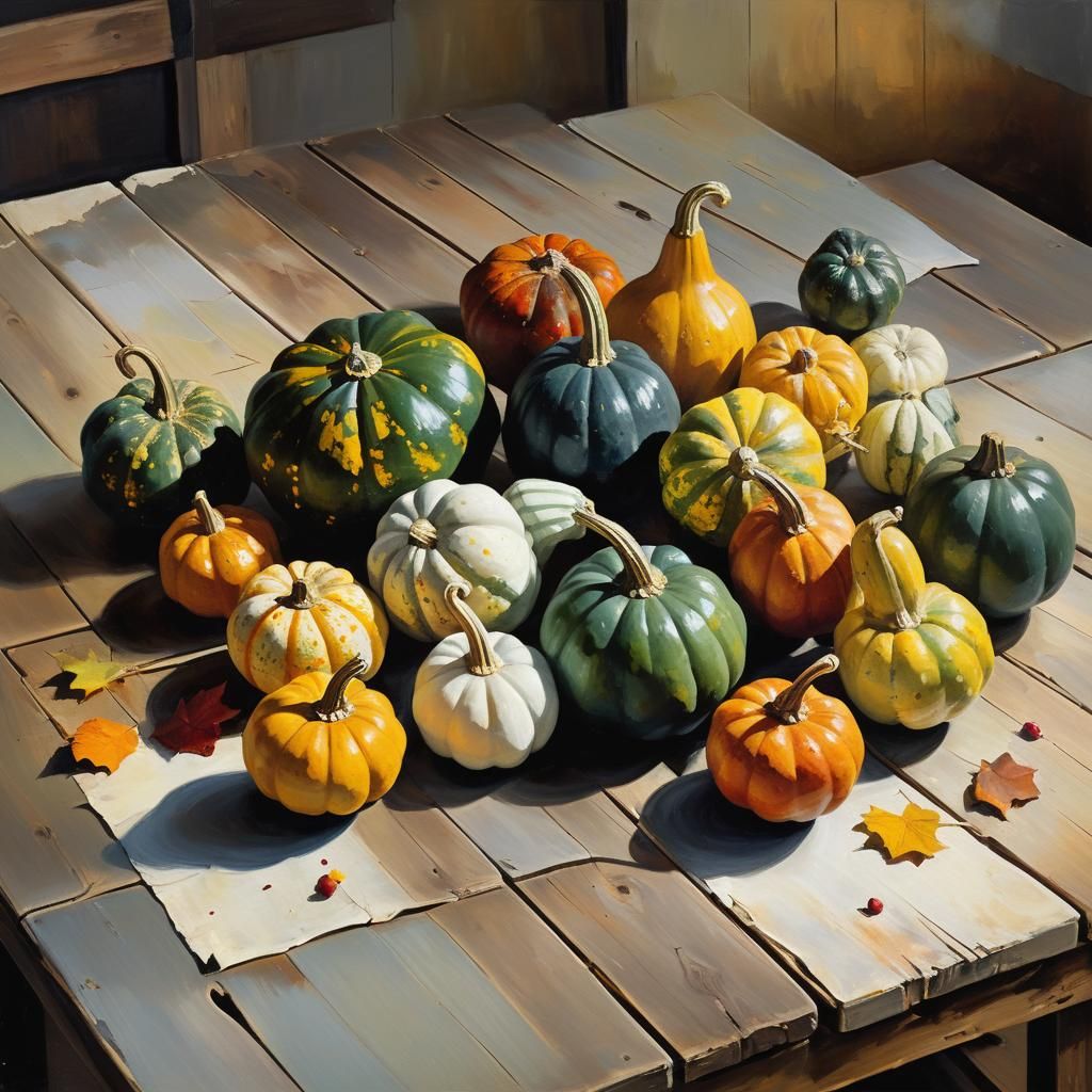 Gourds Still Life Oil Painting in Warm Light