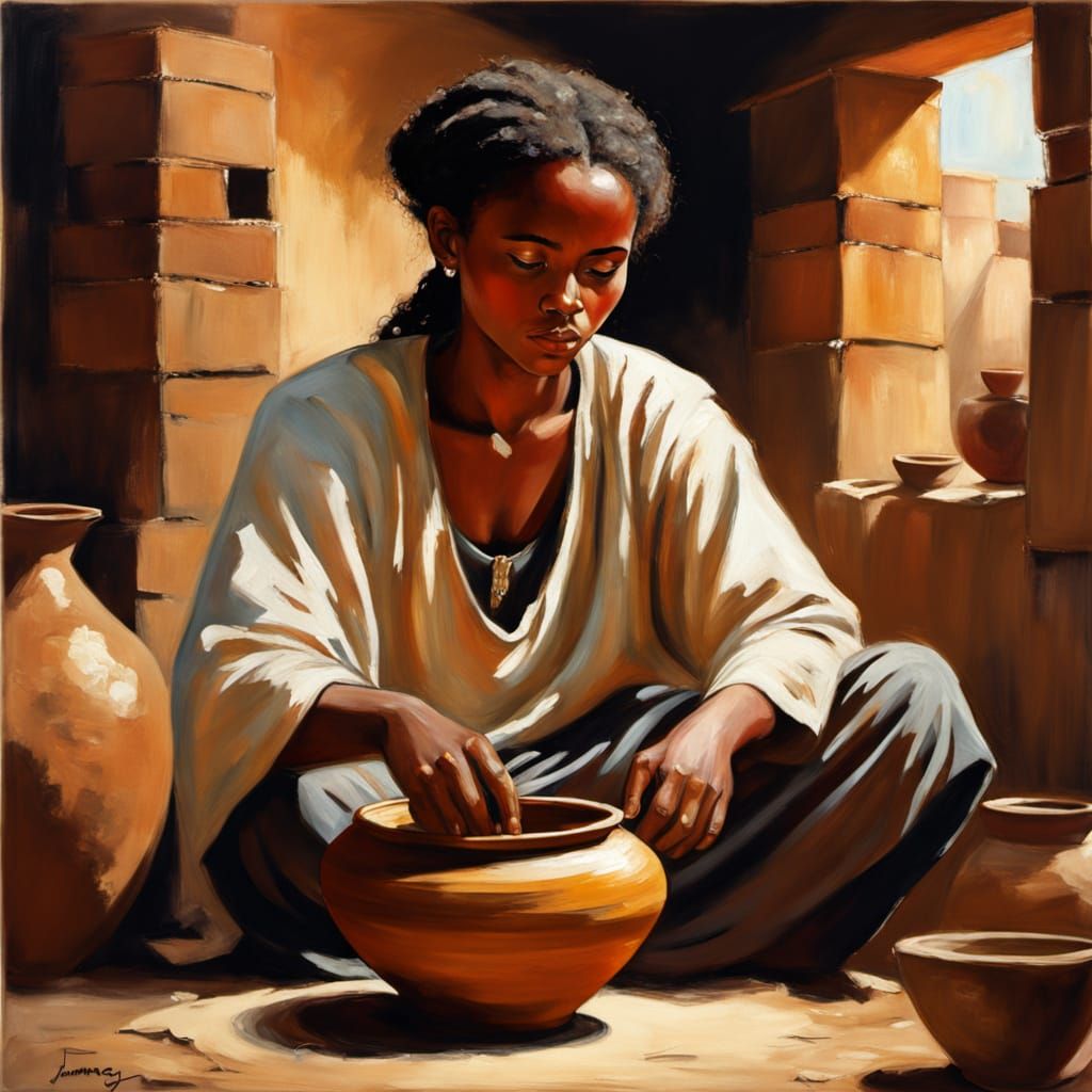 Ethiopian Woman Crafting Pottery in Traditional Dress, Oil P...