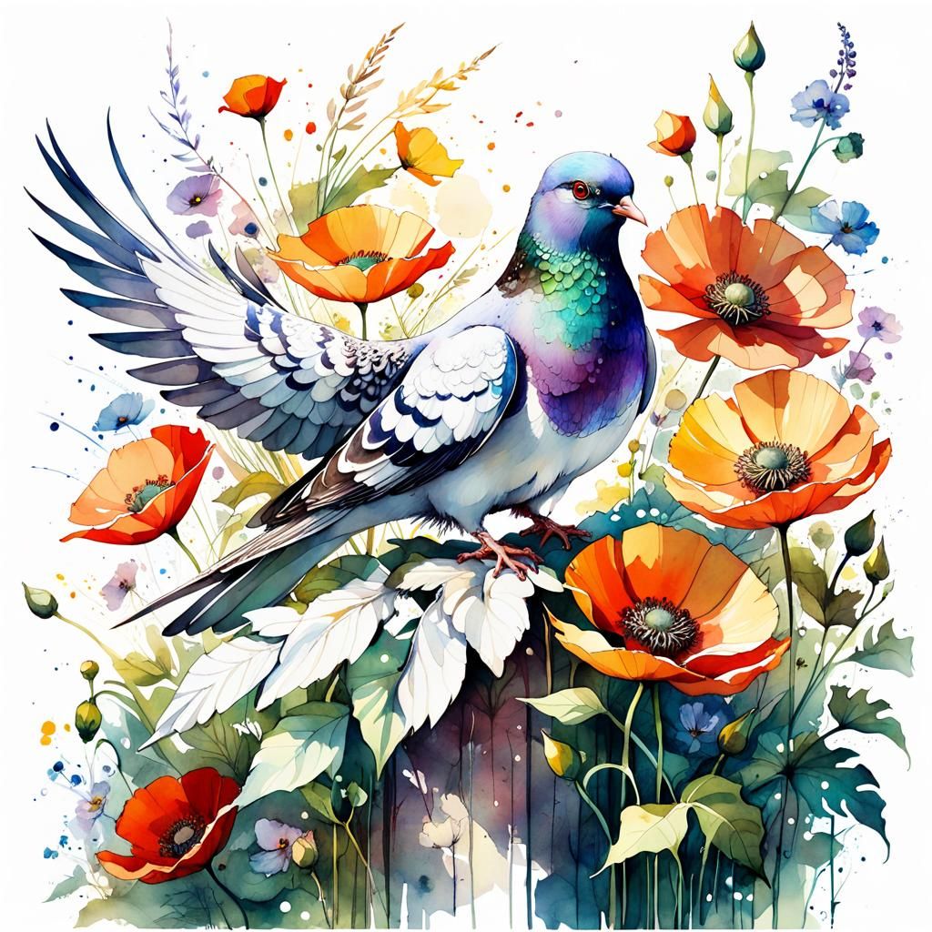 Pigeon in Summer Watercolor Illustration