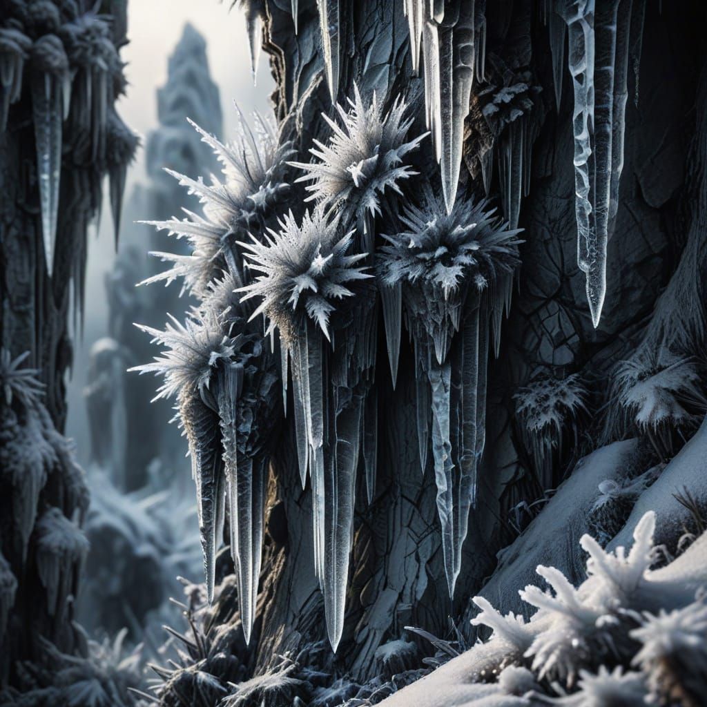 Glistening Ice Crystals Reflect Daylight: Charcoal Macro