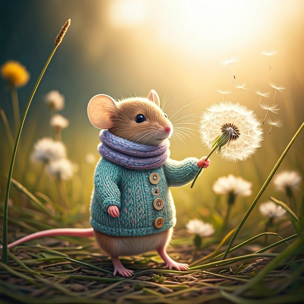 Whimsical Field Mouse Blows Dandelion in Sun-Kissed Meadow