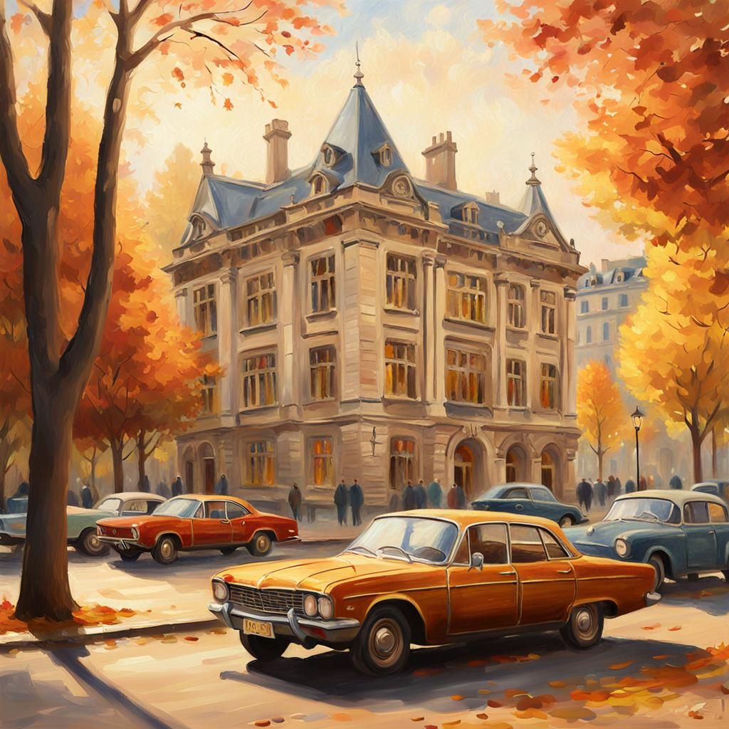 Autumn Library with Vintage Cars in Impressionist Style