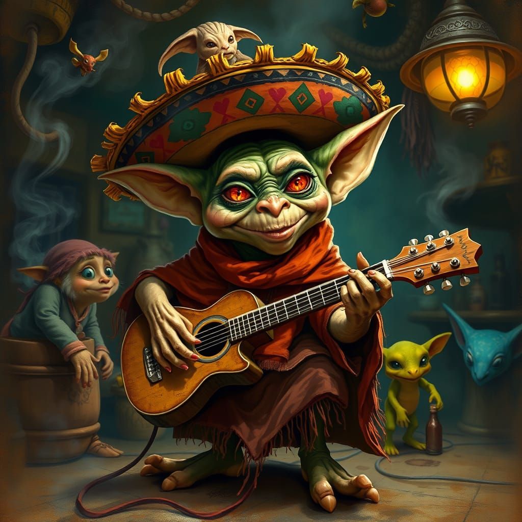 Gremlin Guitarist in Sombrero, Fantasy Art Style