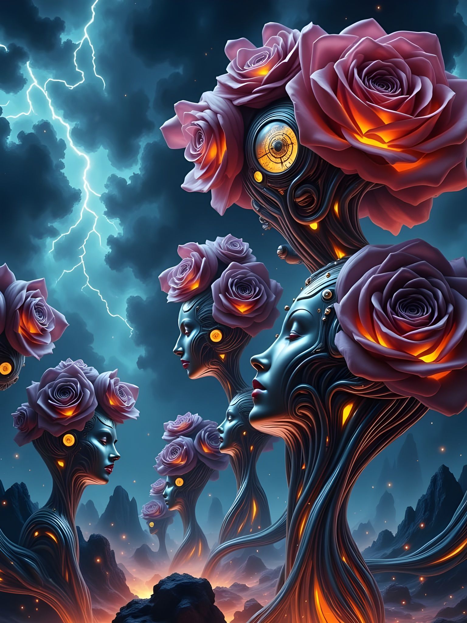 Android Space Flowers with Glass Brains and Metal Roses