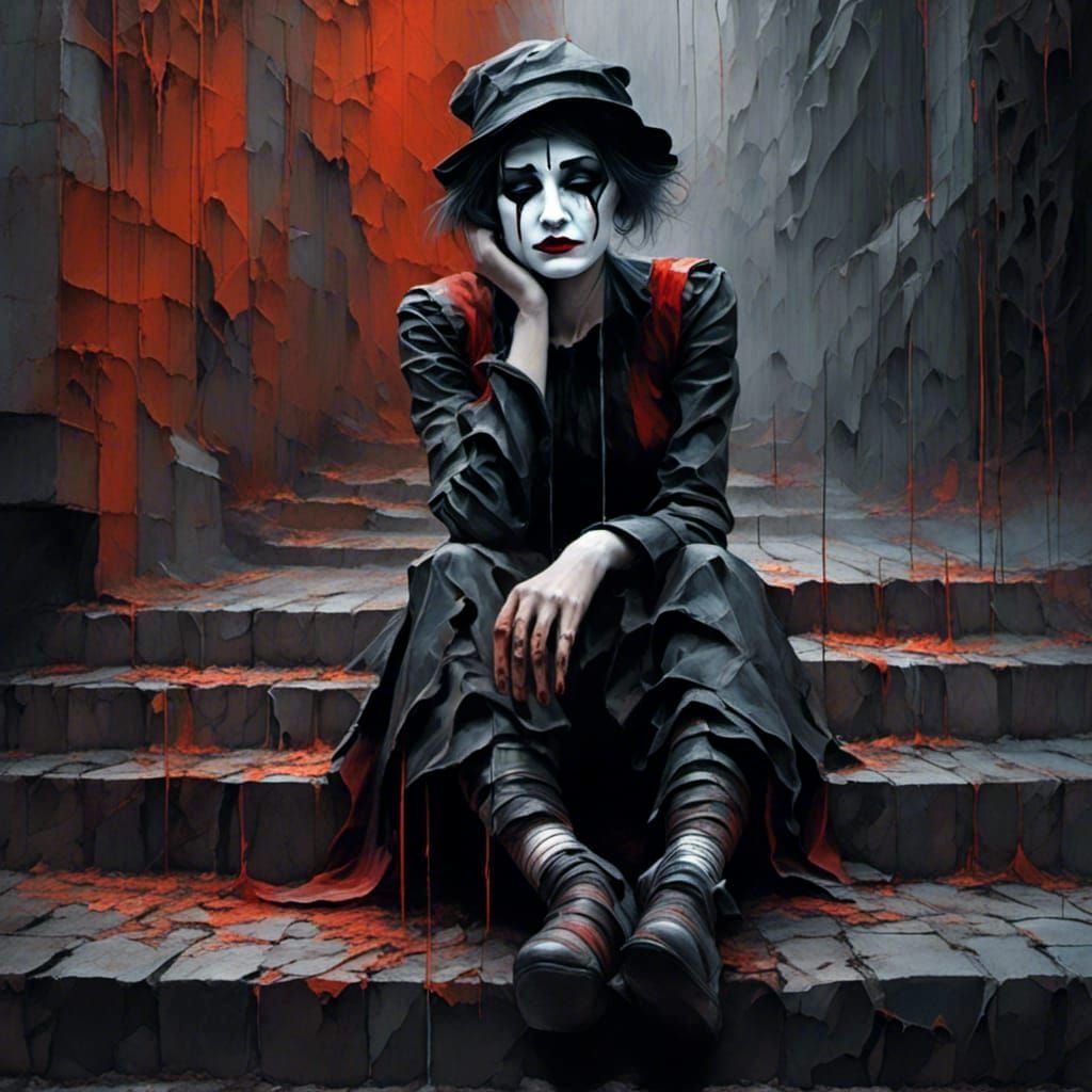Sad Mime Portrait on Sidewalk, Detailed Matte Painting