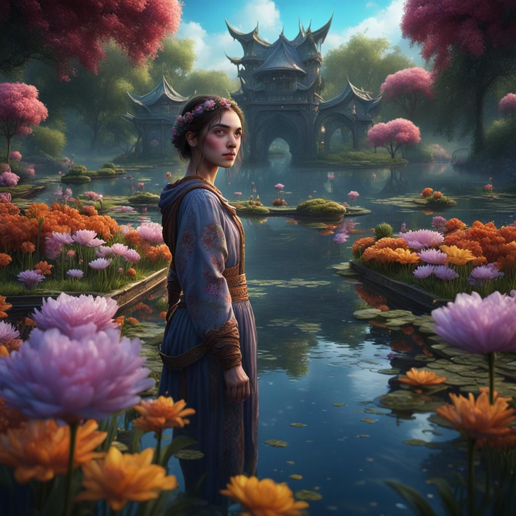 Beautiful Girl at Pond in Detailed Matte Painting