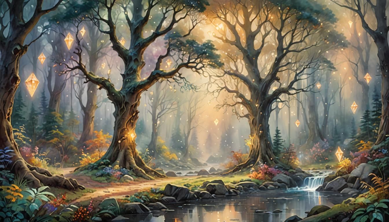 Mystical Forest: Diamond School in Watercolor Art