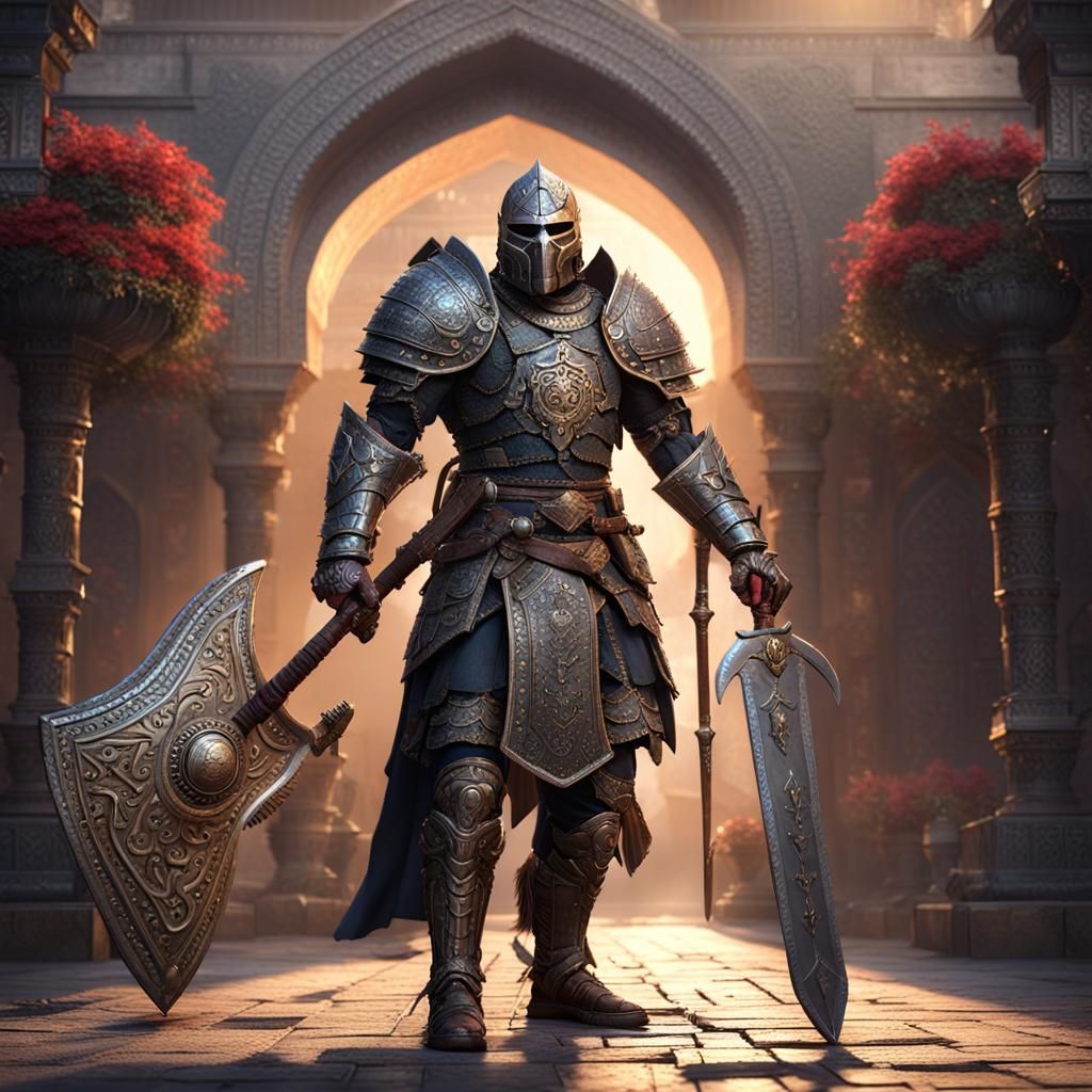 Indian Death Warrior in Royal Courtyard: Dark Fantasy Art