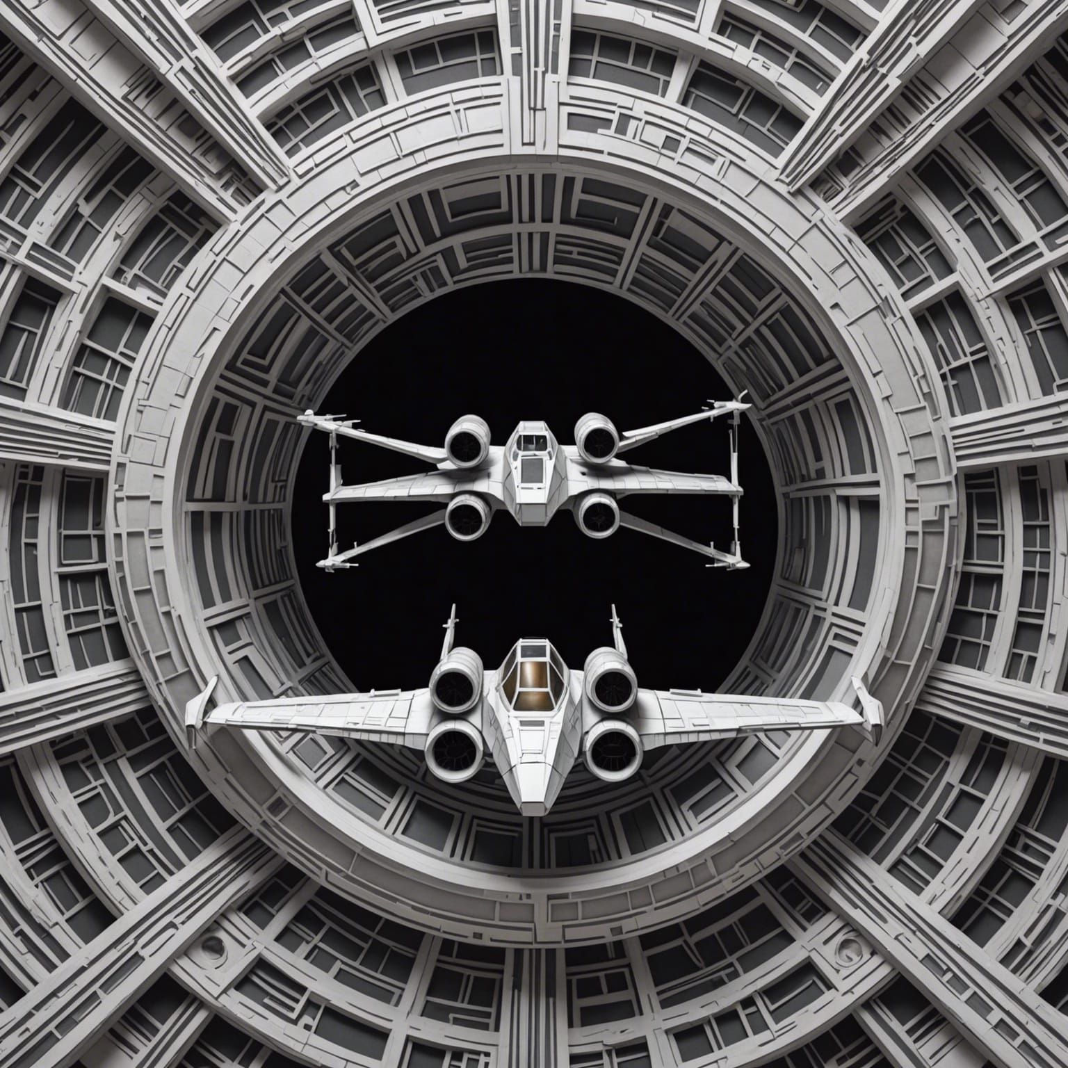 Abstract X-Wing Fighter Escapes Warped Death Star