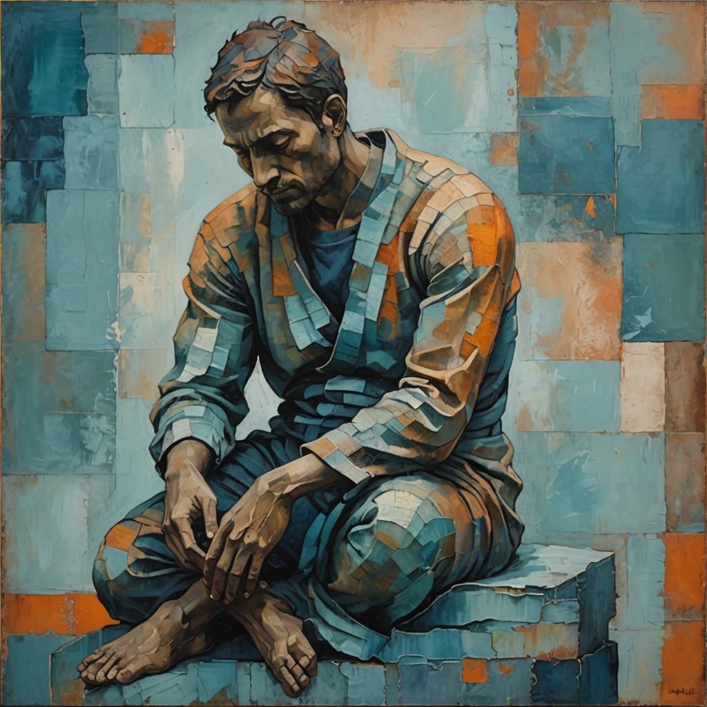 Contemplative Figure in Abstract Impasto Painting