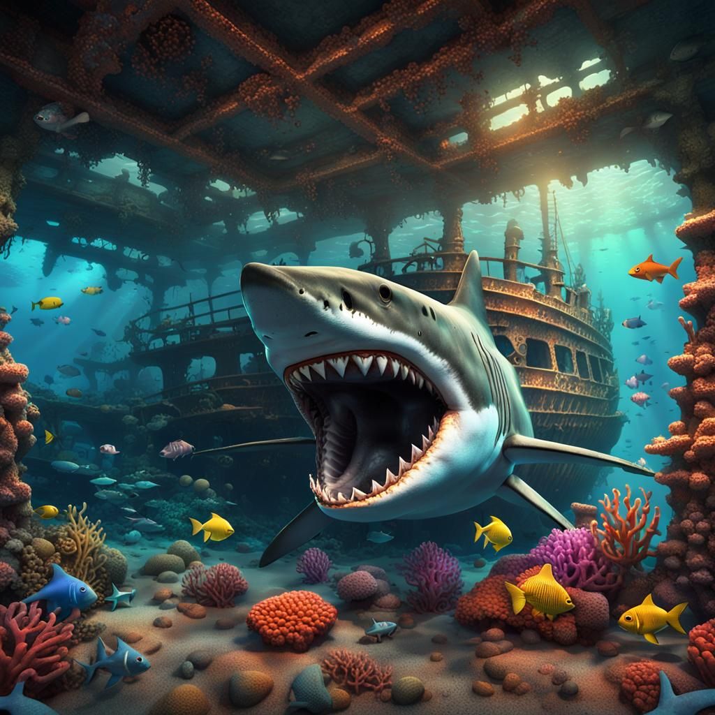 Shark Emerges from Shipwreck: Pixar-Style 3D Art
